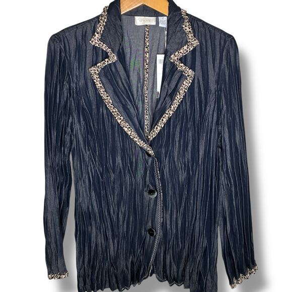 Chico's Jacket NWT Size 2 (L) Trudi Viscose Crinkle Button Up Ink Animal Trim - Picture 2 of 6